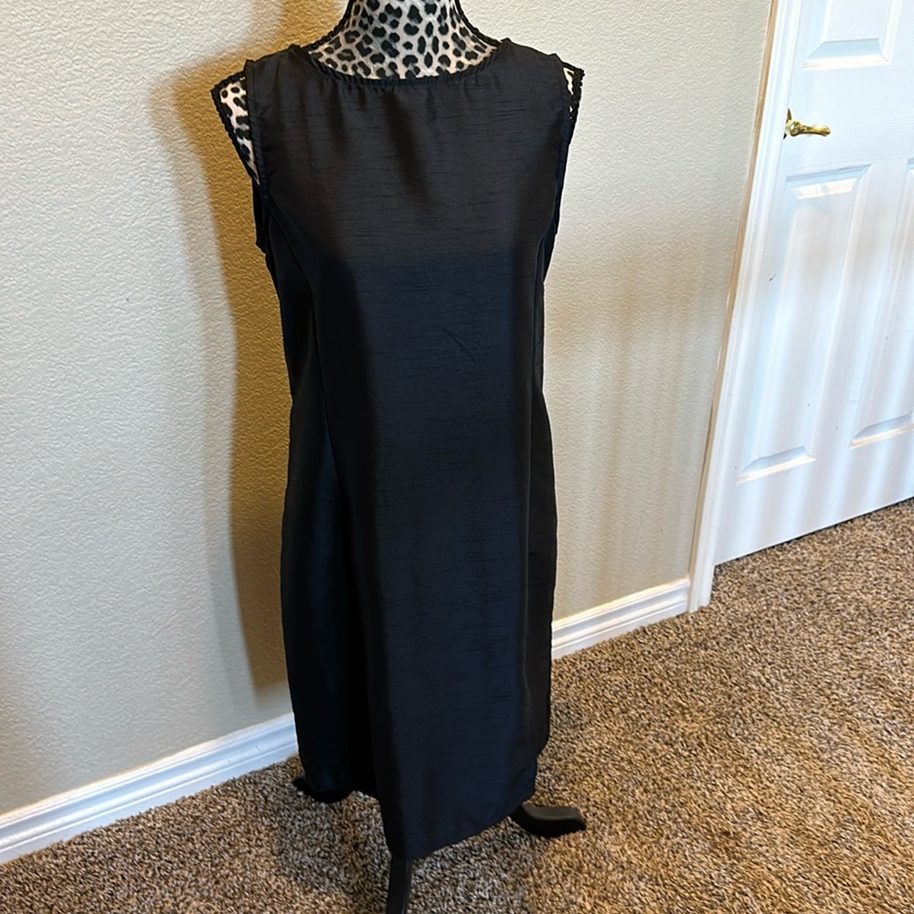 Women’s black dress, side slit in front, zipper back with tie at waist, size M